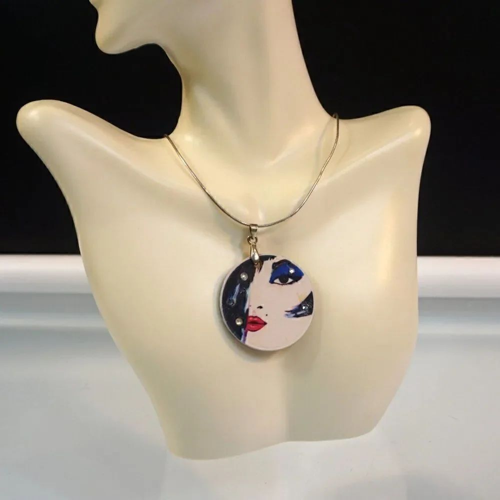 April Anselona Signed Pendant Necklace Double Sided Signed 925 Silver Chain
